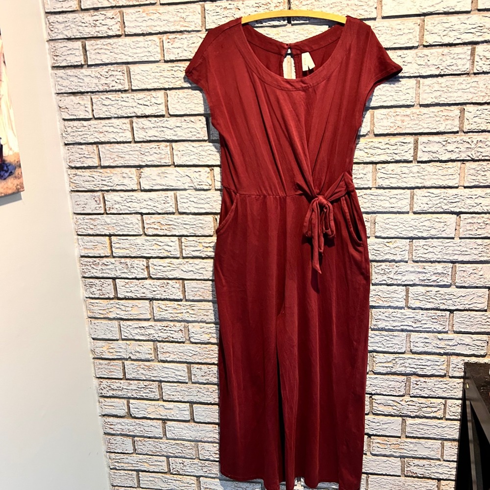 Pact Organic Cotton Wrap Front Tie Waist Jumpsuit Burgundy Red Medium